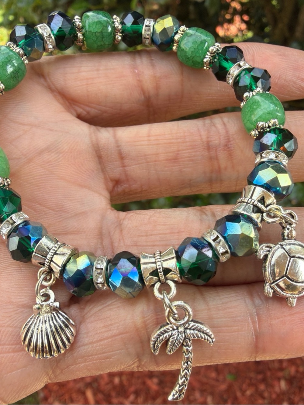 Green Beaded Charm Bracelet with Sea Charms